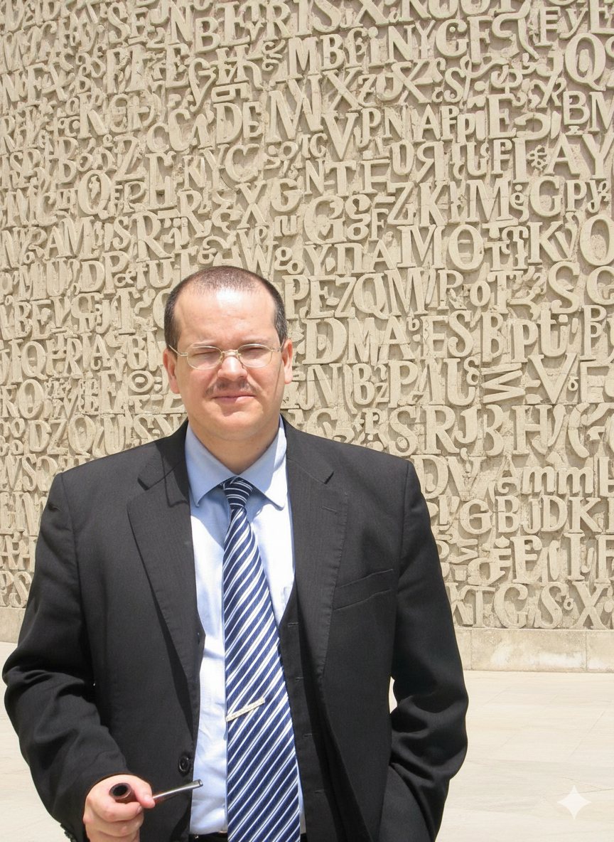 Fernando Báez in front of a wall covered in carved inscriptions
