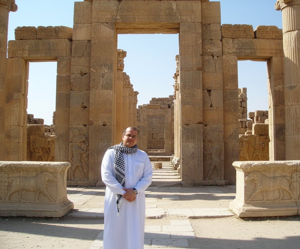 Fernando Báez inside an ancient colonnaded temple