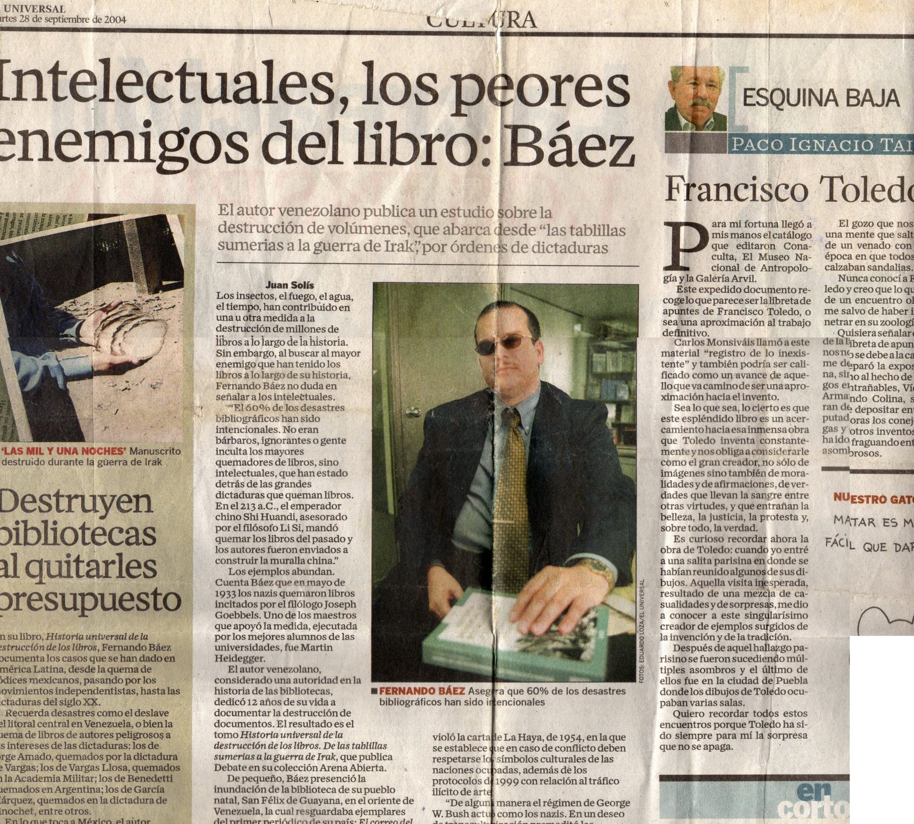 Newspaper page with the headline Intelectuales, los peores enemigos del libro